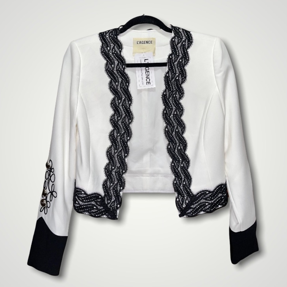 L’AGENCE NWT White with Black Lace Trim Open Jacket Size 2